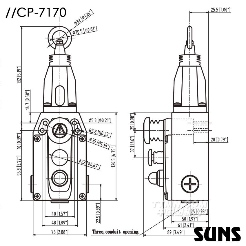 SUNS美國三實帶急停按鈕拉繩開關CP7170-SL22-C-R-E防水安全開關 尺寸圖